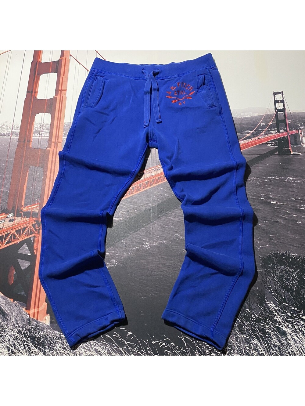 VTG Y2K Abercrombie & Fitch Mens XL Blue Sweatpants Joggers Fleece Logo ATHL NY